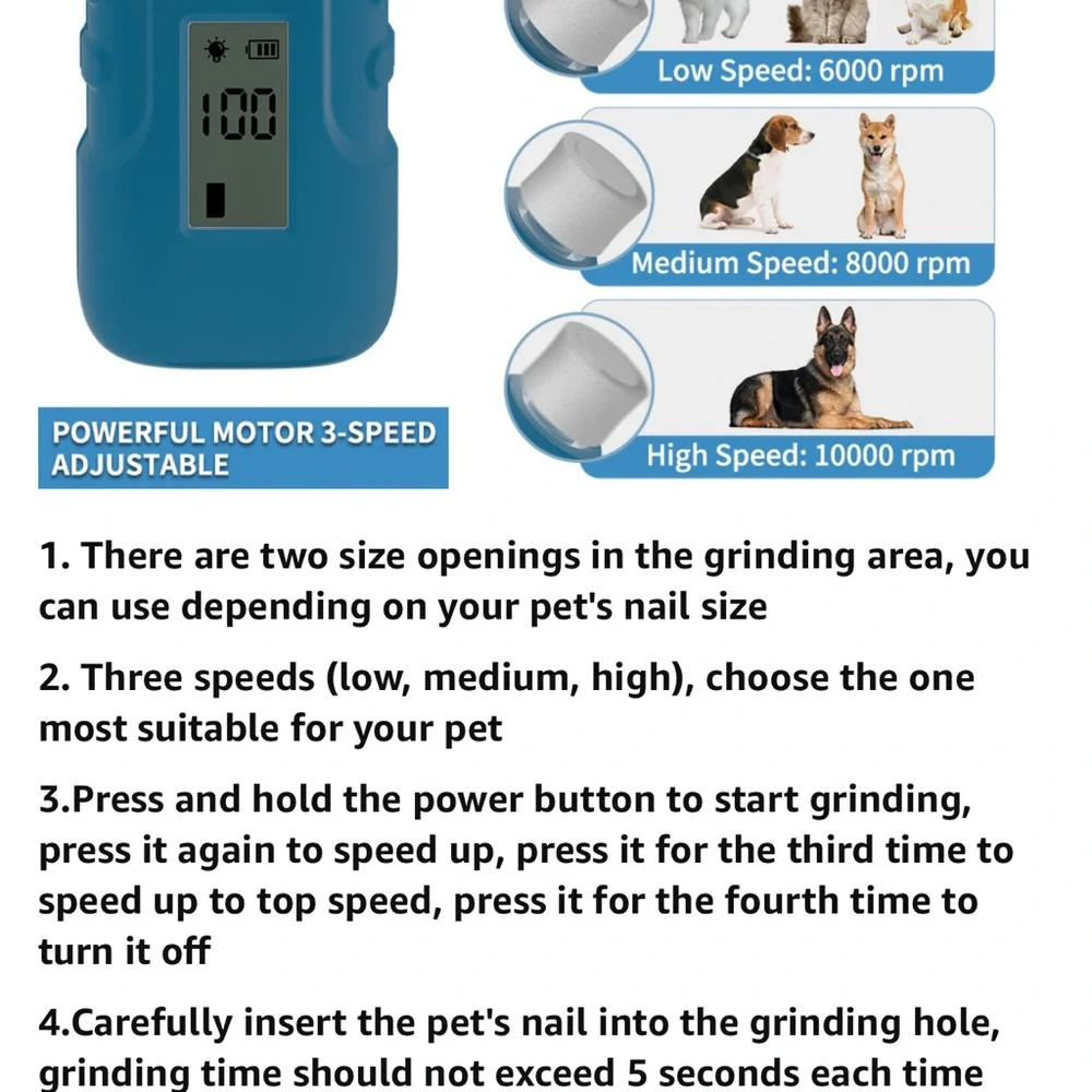 Professional 3-Speed Dog Nail Trimmers - Rechargeable with LED Lights (Blue)